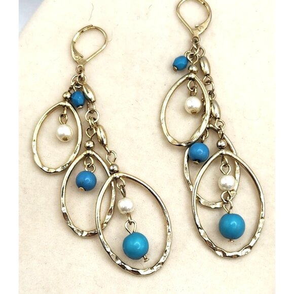 Gold Toon Multi Hoop Earrings With Dangle Turquoise Colored & Faux Pearl Dangle - Picture 1 of 2